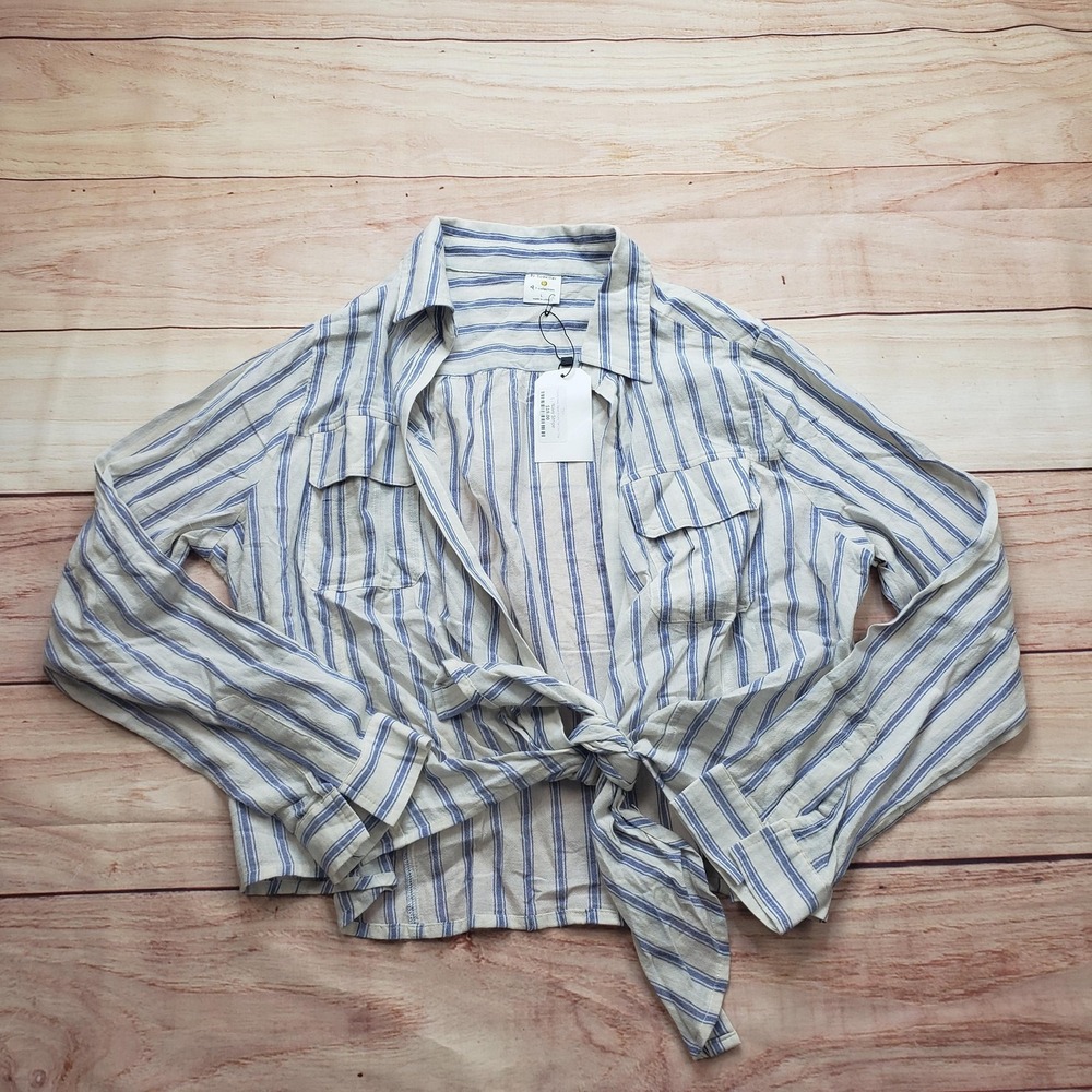 By‎ Together Button-Up Womens L White Blue Striped Cropped Linen Lightweight